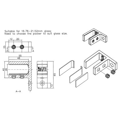 Wall To Glass Connector to suit 17-21.5mm Glass