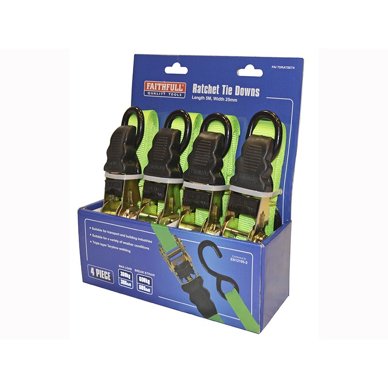 Faithfull - Ratchet Tie-Downs 5m x 25mm Green 4 Piece